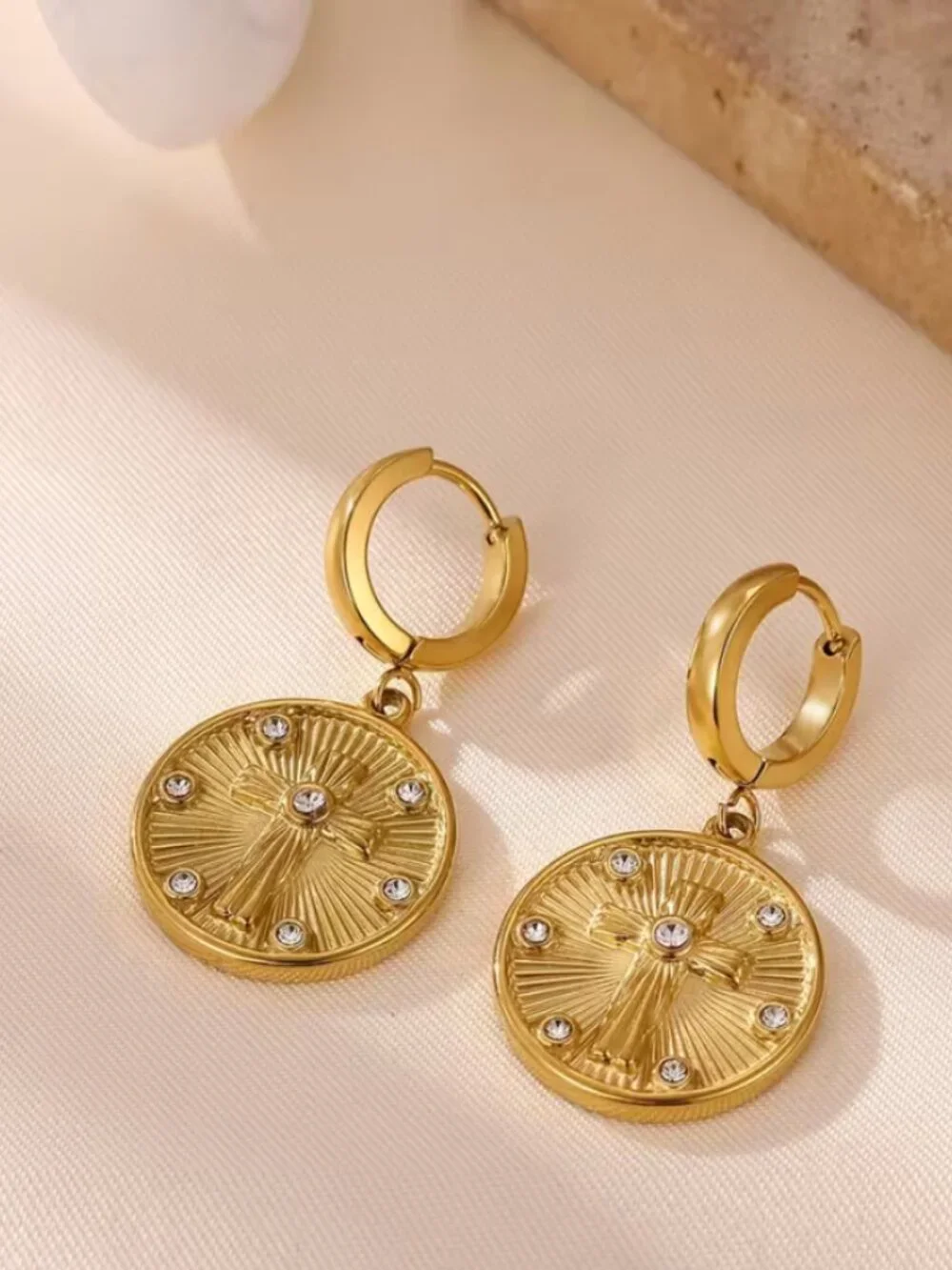 14K Gold Womens 1ct Diamond Hanging Drop Cross Hoop Earrings 14 K Silver Jewelry